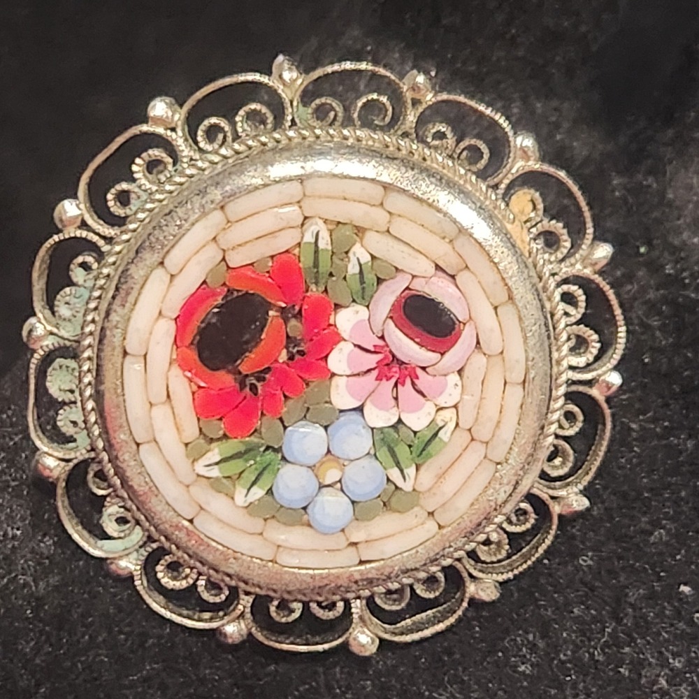 Italian Micro Mosaic Floral Brooch Silver Tone Filigree Pin Made in Italy